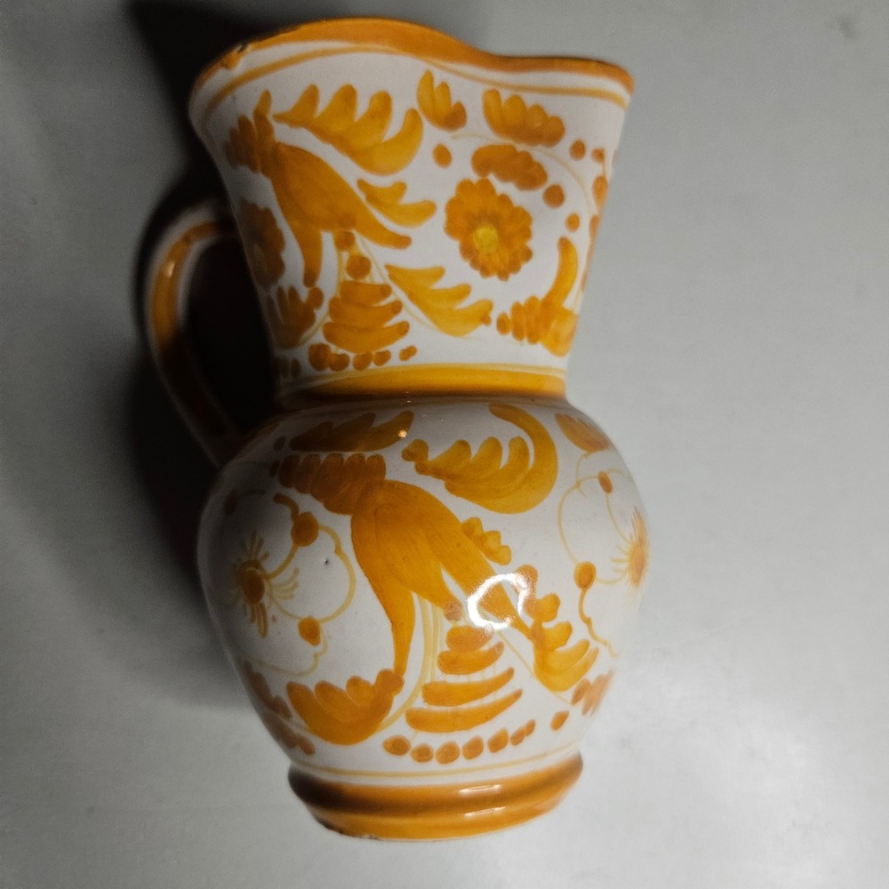 Vintage Italian Majolica Ceramic Pitcher Hand Painted Ochre Bird Floral Italy